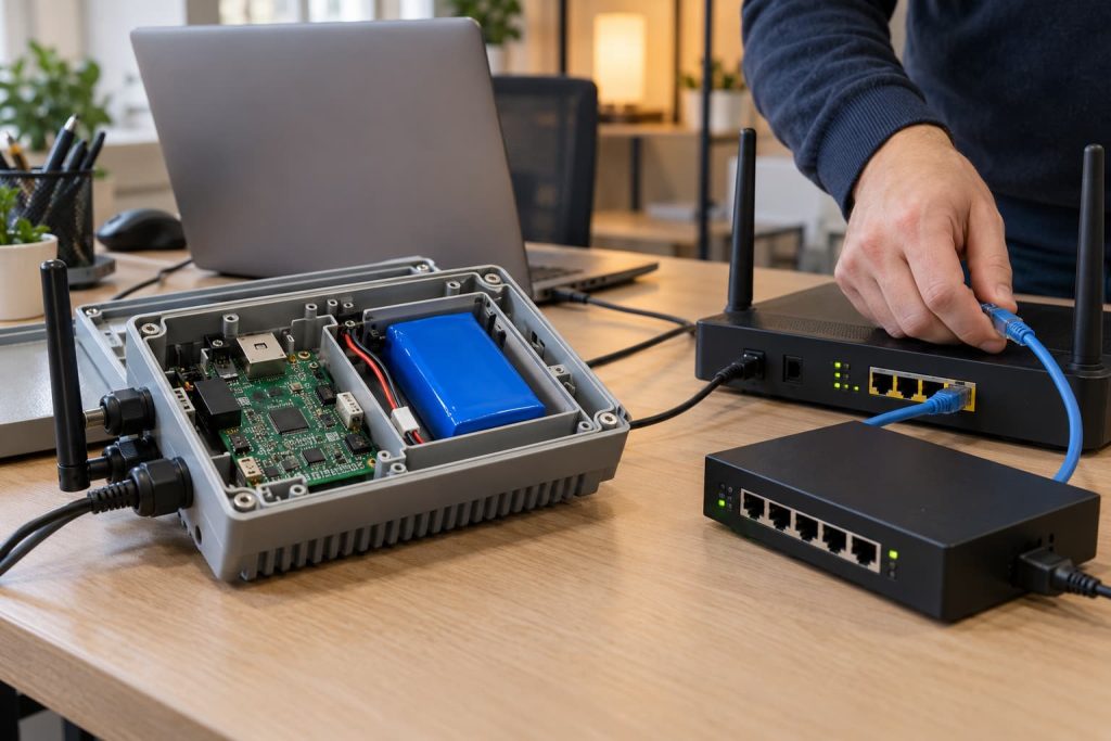 Industrial IoT gateway with a blue backup battery pack